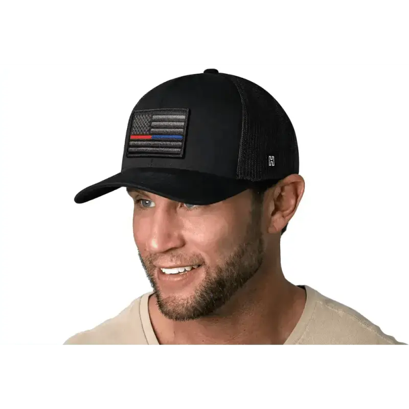 Black 1st Responders Snapback with Thin Red Line American Flag Patch, Blue Line Trucker Hat