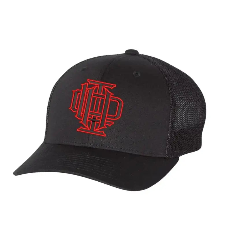 Black baseball cap with red monogram logo, IDLH Scramble limited edition snapback trucker