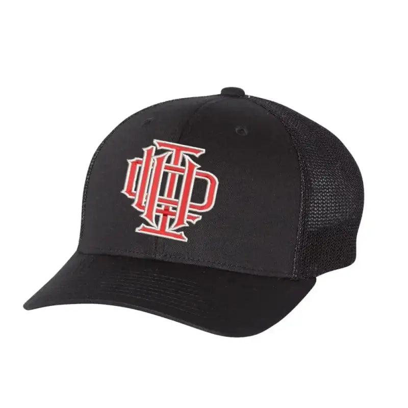 Black IDLH Scramble snapback trucker cap with red and white monogram logo