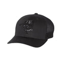 Black fitted trucker cap with dark embroidered Screaming Skull logo and mesh backing
