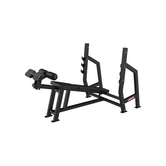 Black weightlifting bench with barbell rack for firefighters and first responders workout