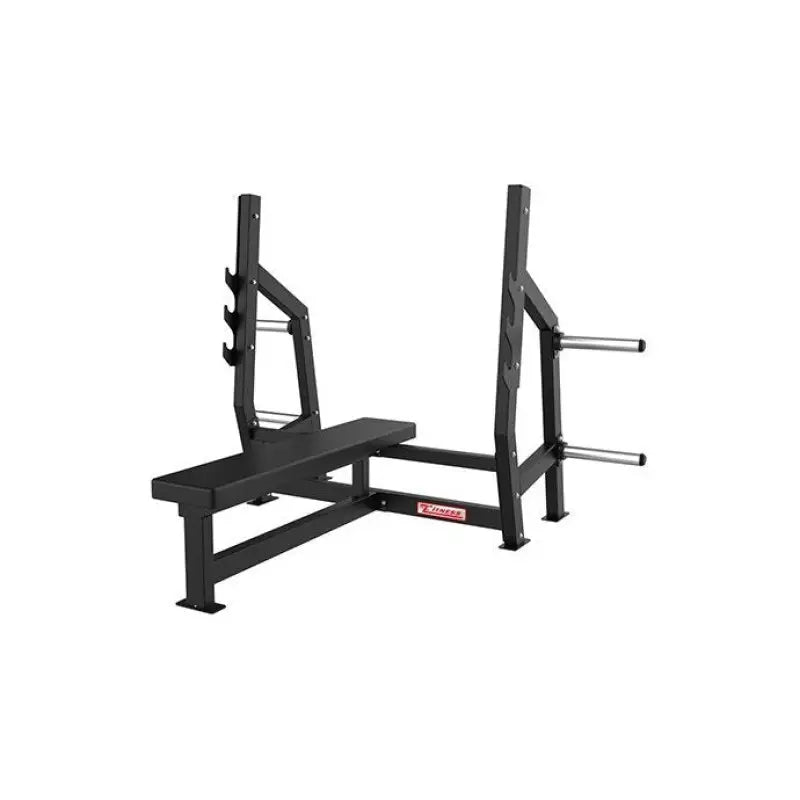 Black SFE Commercial Weight Bench with barbell supports for effective workouts