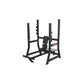 Black weightlifting bench with squat rack featuring sturdy main tube for firefighter training