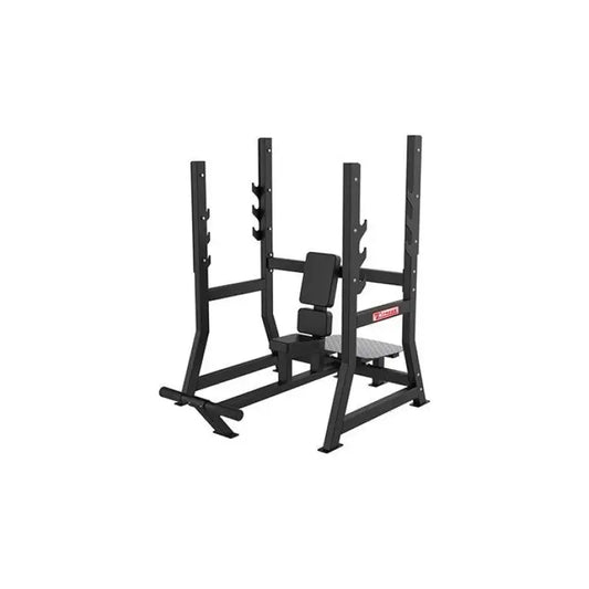 Black weightlifting bench with squat rack featuring sturdy main tube for firefighter training