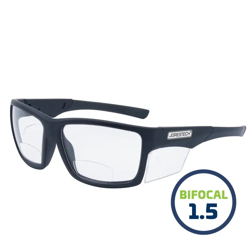 Black bifocal safety reader glasses with side shields for high impact protection and lightweight frame