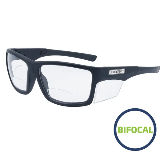 Black bifocal safety reader glasses with side shields for high impact protection