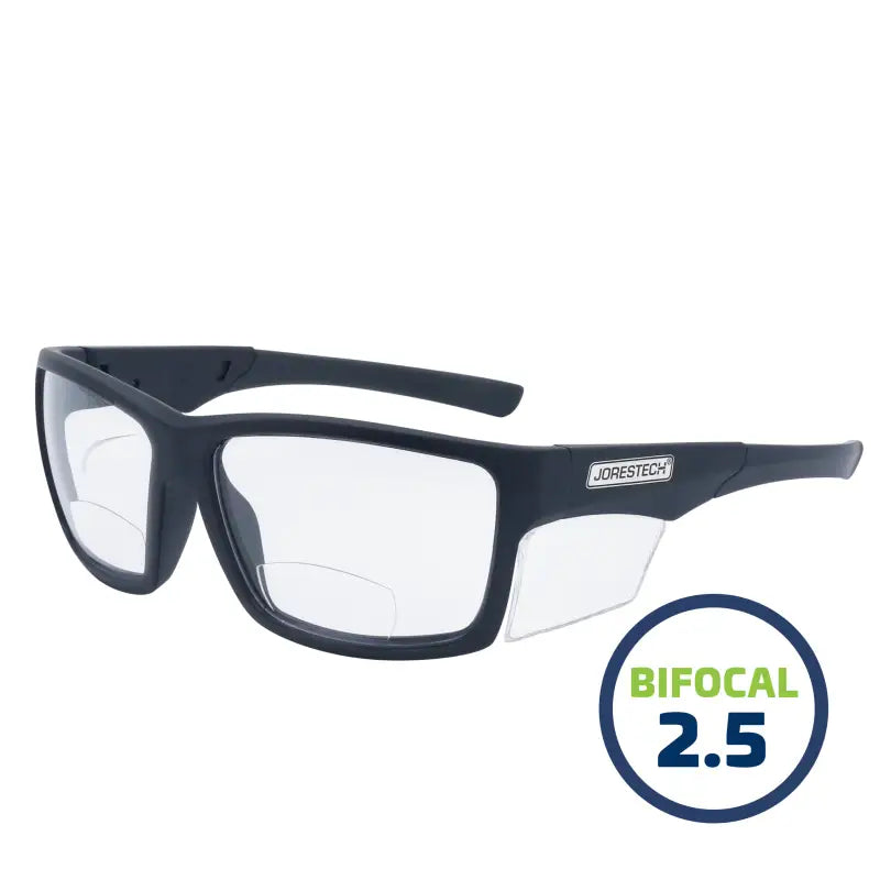 Black bifocal safety reader glasses with side shields for high impact protection