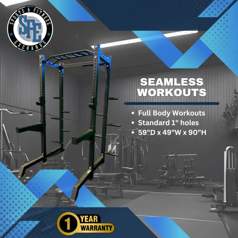 Black and blue power rack for squat and strength training from SFE Commercial Full Power Rack