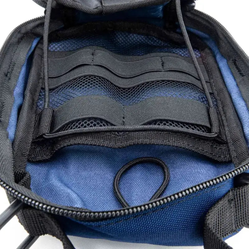 Black and blue MOLLE Trauma Bag with mesh pockets for emergency medical supplies