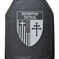 Black body armor plate with crest design from Redemption Tactical in large size XL for protection