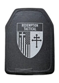 Black body armor plate with crest design from Redemption Tactical in large size XL for protection