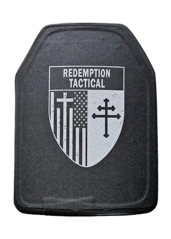 Black body armor plate with crest design from Redemption Tactical in large size XL for protection