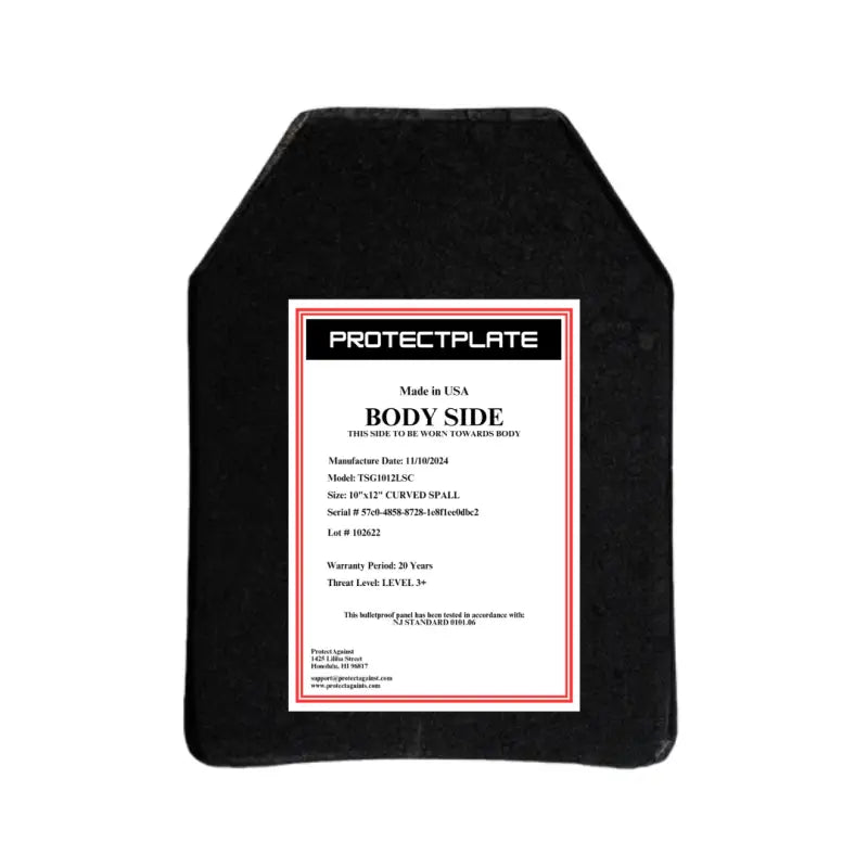 Black ProtectPlate® 10’’x12’’ NIJ Level III Armor Plate with white product label