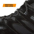 Black hiking boot detail featuring steel toe work shoes from OVERWATCH Steel Toe Sneaker WP