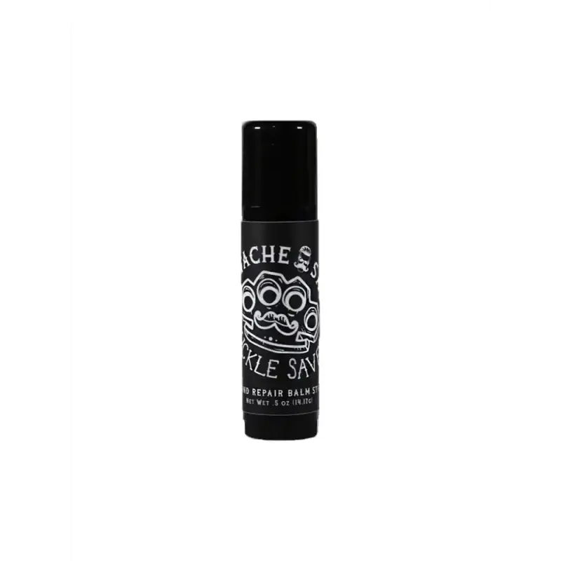 Black bottle of Knuckle Saver Hand Repair Balm featuring brass knuckles logo and Stache Style