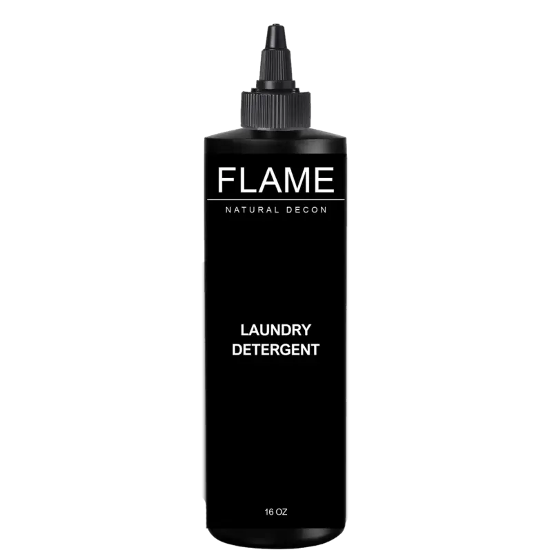 Black Flame brand laundry detergent bottle with twist cap and activated charcoal