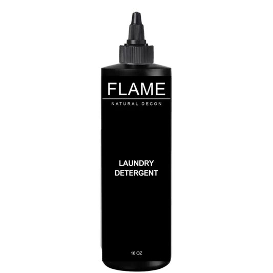 Black Flame brand laundry detergent bottle with twist cap and activated charcoal