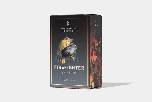 Firefighter Bath Soap black box packaging featuring flames and firefighter illustration