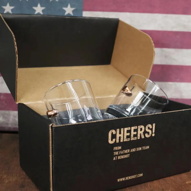 Black box with BenShot Rocks Glass featuring Cheers printed on the side