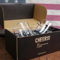 Black box displaying BenShot Rocks Glass with CHEERS text for cocktails and gifts