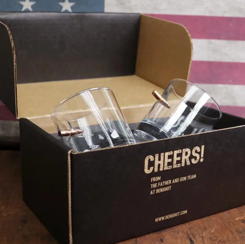 Black box displaying BenShot Rocks Glass with CHEERS text for cocktails and gifts