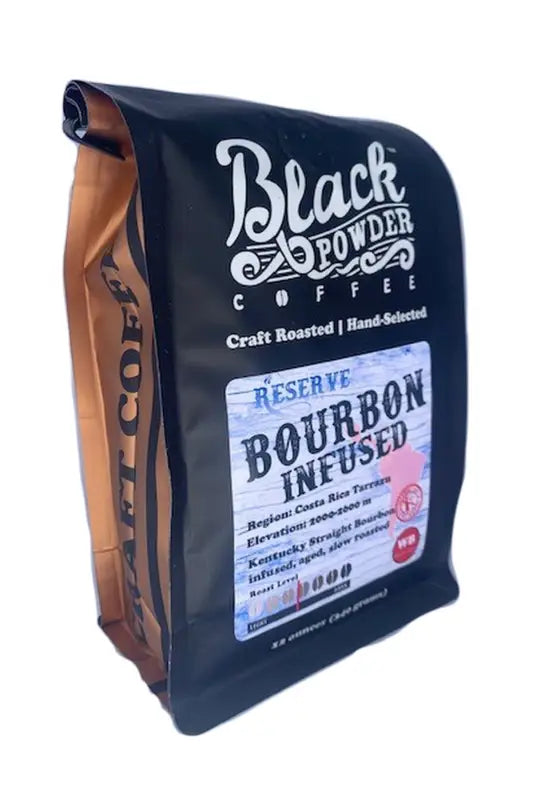 Black and brown bourbon infused coffee bag with Bourbon Infused Coffee Costa Rica branding