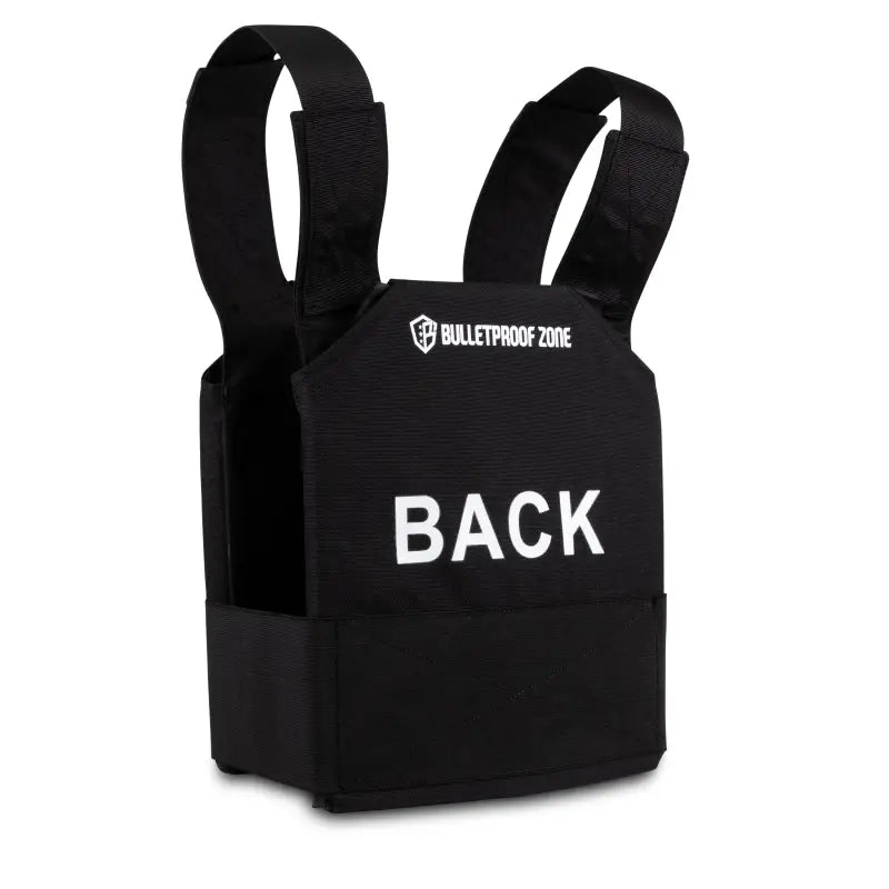 Black bulletproof vest with shoulder straps and BACK text on 600D Cordura fabric