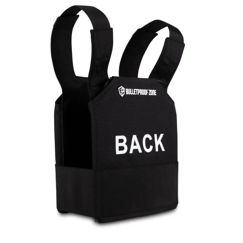 Black Bulletproof Vest with BACK text, featuring 10’’x12’’ Level III protection in durable 600D Cordura fabric