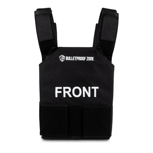 Black ProtectVest Mini featuring FRONT text on 8’’x10’’ Level IIIA bulletproof vest