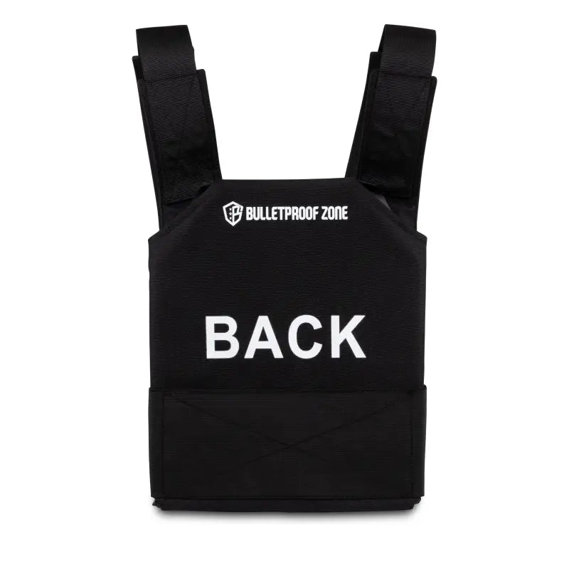 Black Level III Bulletproof Vest with BACK text and shoulder straps in 600D Cordura fabric