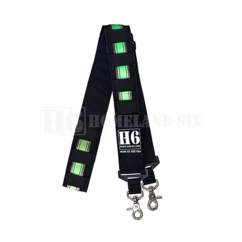 Black camera strap with green level indicators and metal clips for H6 Frontline Radio Strap