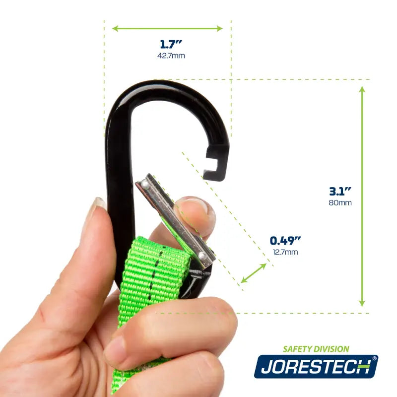 Black carabiner with green strap for Tool Tether Lanyard and Choke Cable Loop setup