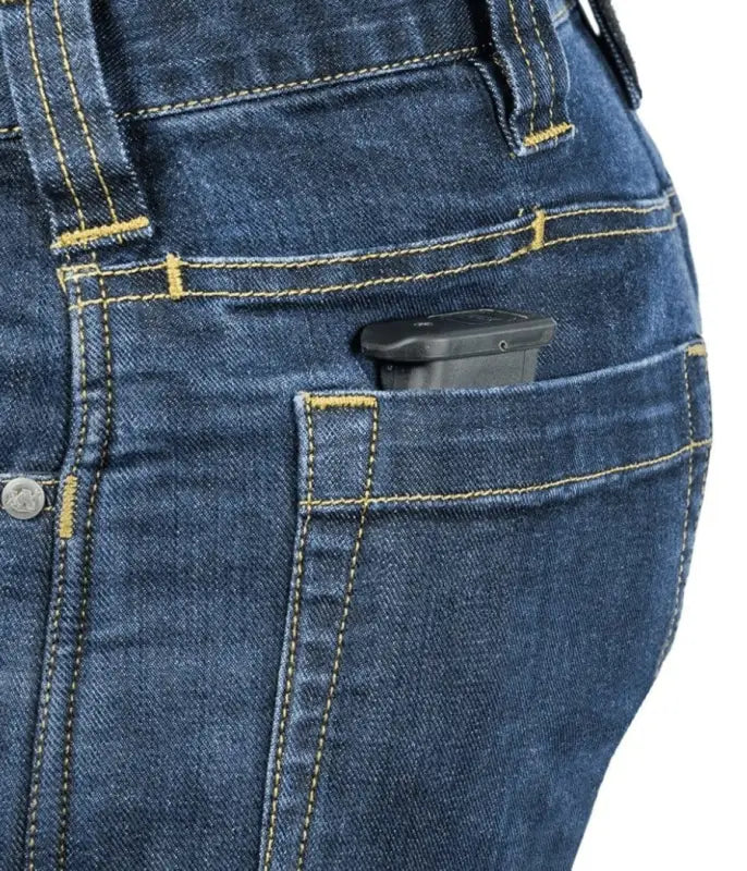 Black cell phone in blue pocket of Asset Tactical Jeans, ideal tactical pants