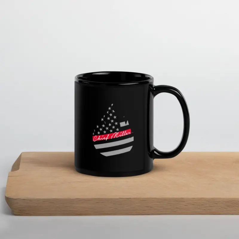 Black ceramic Chief Miller Black Glossy Mug featuring American flag teardrop design