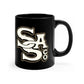 Black ceramic mug with SA CO text featured in the SS Letter Stack Mug design