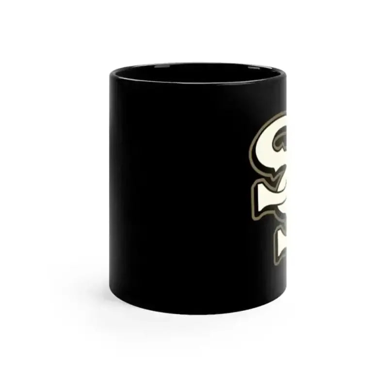 Black ceramic mug with white design, perfect for stacking in the Letter Stack Mug collection