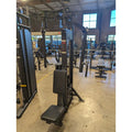 Black chest press machine on SFE Selectorized Pec Fly/Rear Delt Machine with 250lb stacks