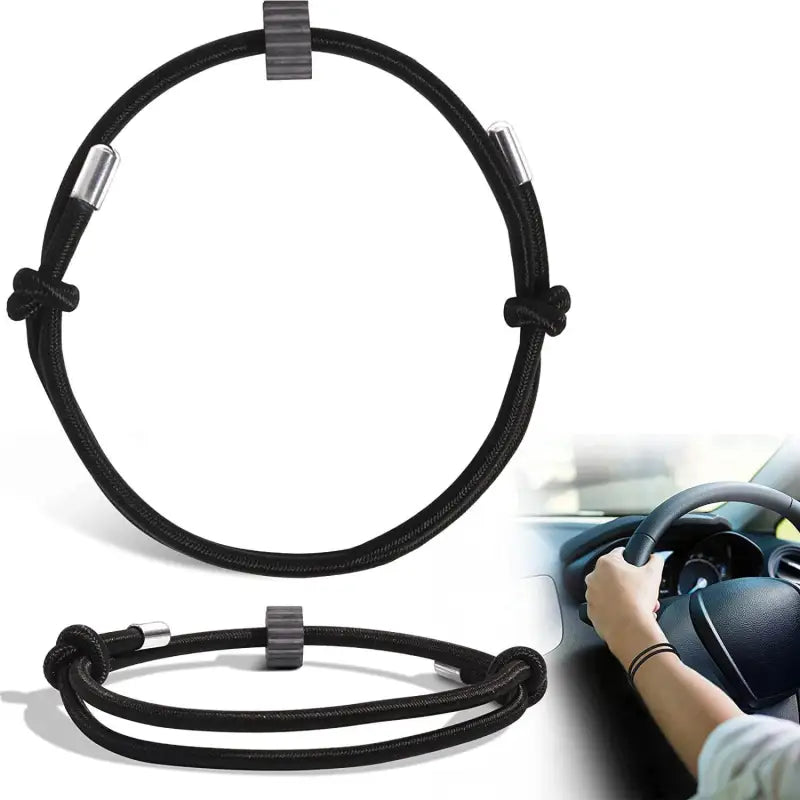 Black circular steering wheel cover with adjustable straps for The Breaklet - Emergency Escape Bracelet