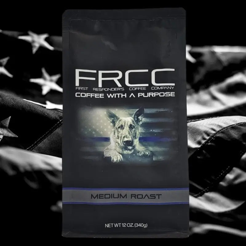 Black coffee bag with FRCC branding and German Shepherd design for K9s United Coffee 12oz K9