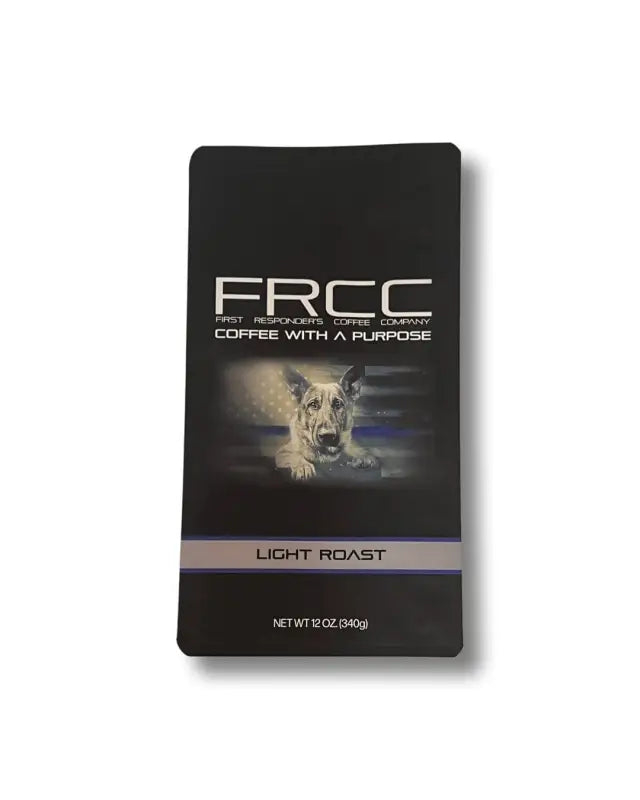 Black coffee bag FRCC Light Roast with wolf design from Coffee 12oz K9s United