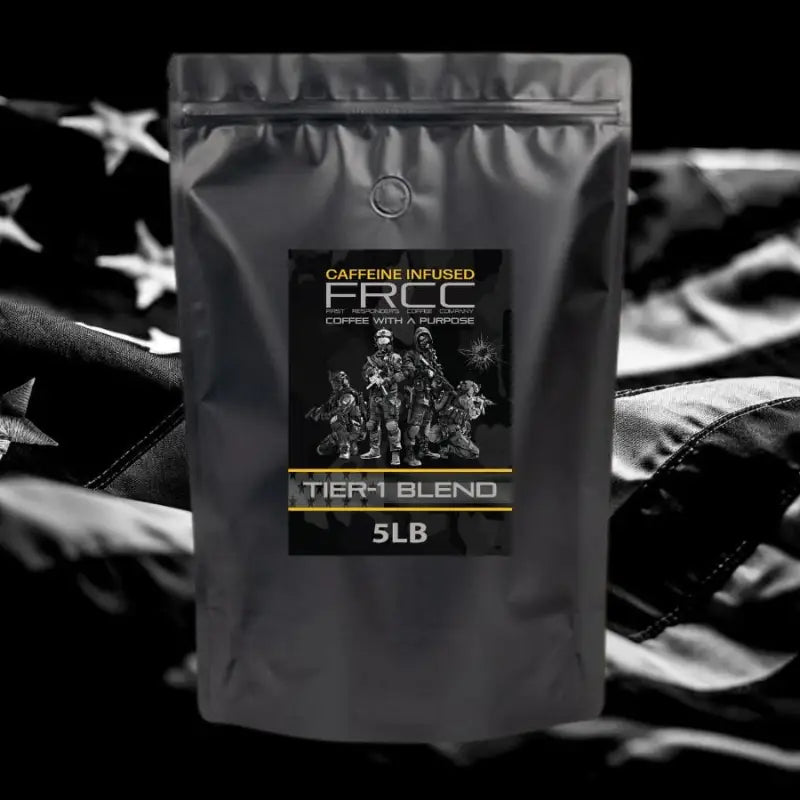 Black coffee bag labeled FRCC Tier-1 Blend in a big bag for first responders