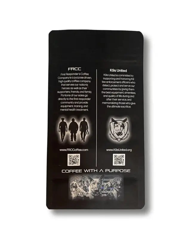 Black coffee bag for Coffee 12oz K9 featuring Bourbon Pecan and French Vanilla flavors