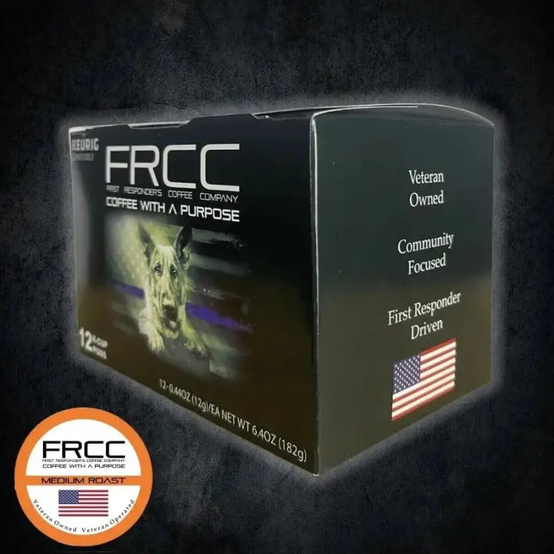 Black coffee box with FRCC branding and American flag for K9s United Bourbon Pecan