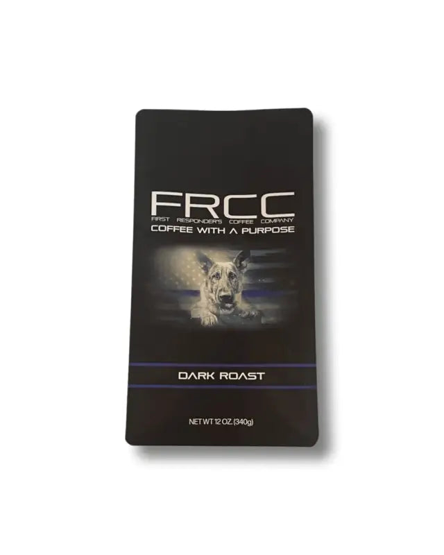 FRCC Dark Roast coffee package for K9s United, featuring a wolf design, 12oz