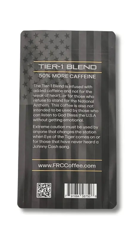 Black coffee package featuring Tier-1 Blend branding and Brazilian Coffee description