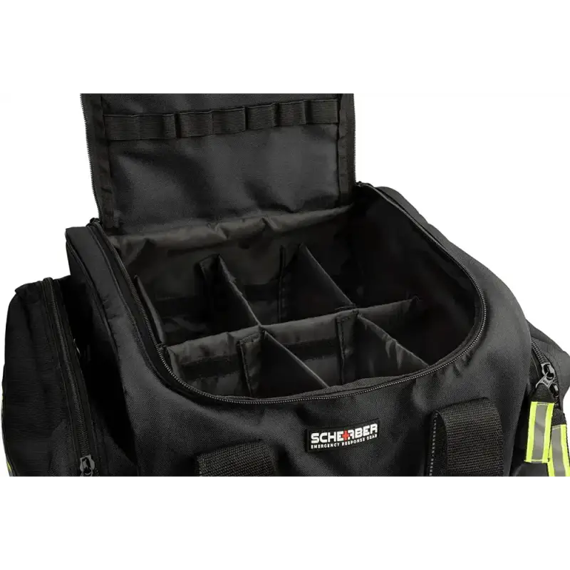 Black compartmentalized equipment bag with pockets for Scherber Intermediate Responder Trauma Kit