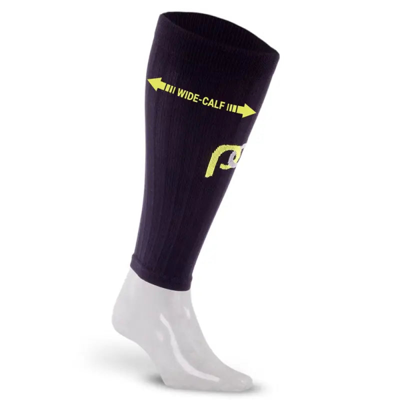 Black compression wide-calf sleeves with yellow text and arrows for 20’’-24’’ calf fit