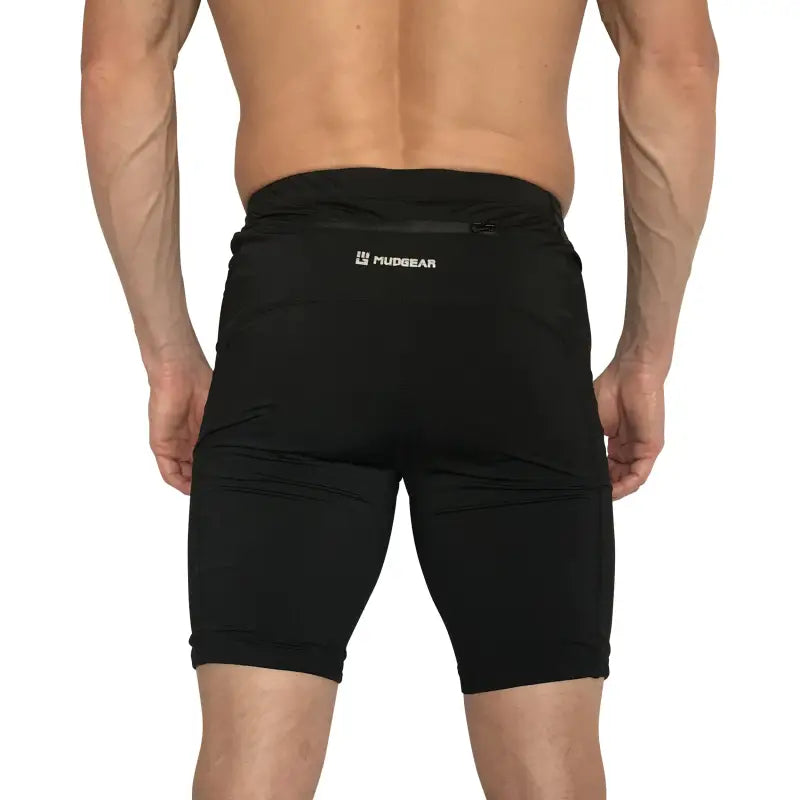 Black MudGear Men’s Elite-Fit Compression Shorts with logo on back for athletic performance