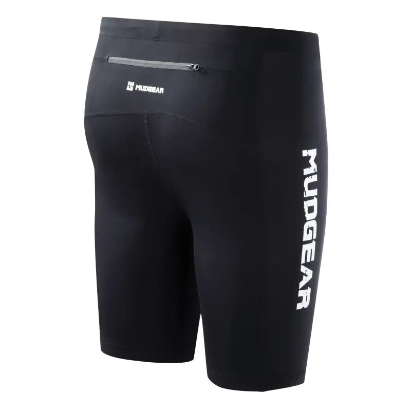 Black MudGear Men’s Elite-Fit Compression Shorts with text on the side