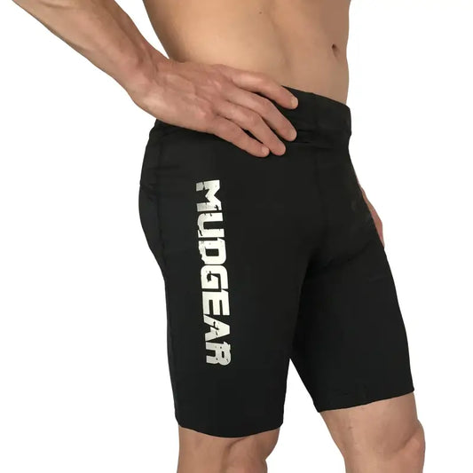 Black MudGear Men’s Elite-Fit Compression Shorts with logo printed on the side